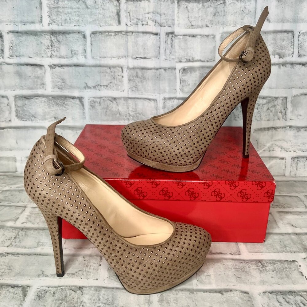 Guess Prestyna 2 Taupe Studded Platform Stiletto Heels- New 7.5